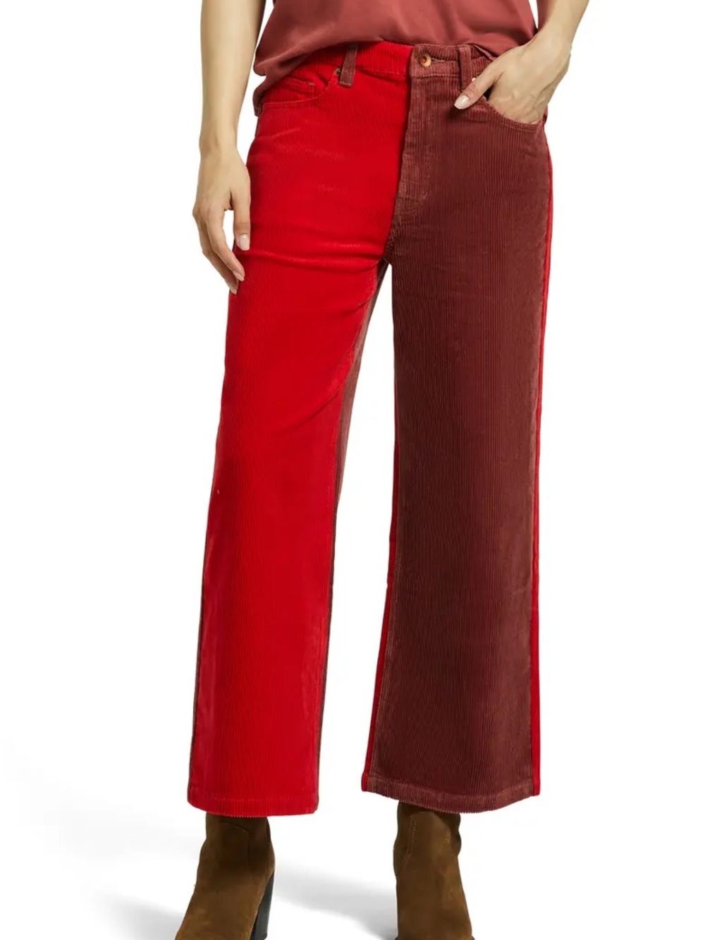 Brixton Margot High Waist Two-Tone Crop Red and Burgundy Corduroy Wide-Leg Pants